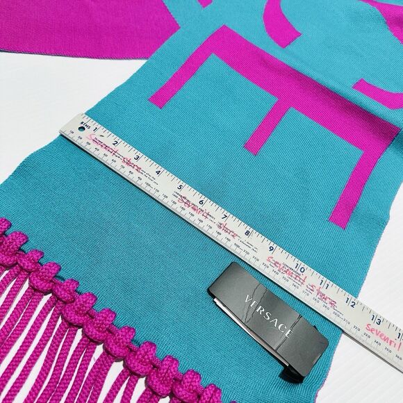NWT Versace Reversible Teal Pink Fringed Wool Jacquard Logo Scarf 72"x12" $825 - Picture 8 of 13